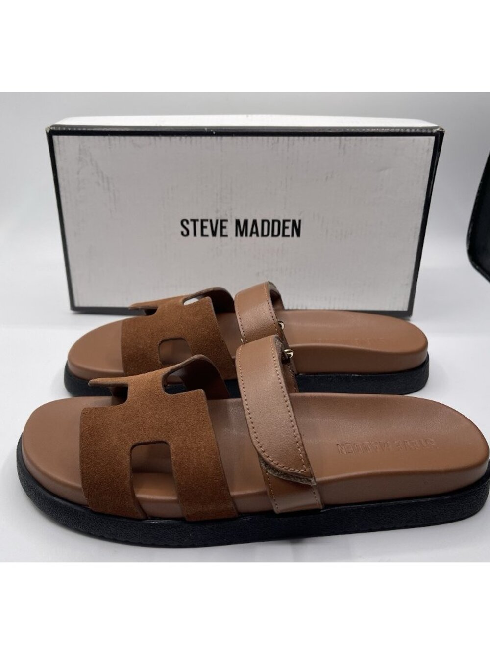 Steve Madden Women's Mayven Camel Suede Leather Sandals Slip On Size 8